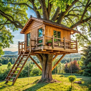 A charming cottage shaped tree house with stairs, blending beautifully into the natural landscape. AI generation
