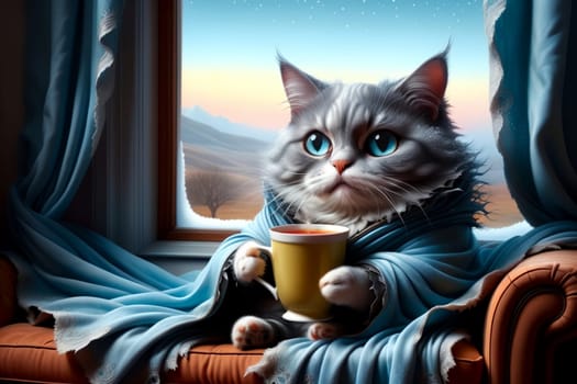 the cat lies in bed under a blanket and drinks hot tea .