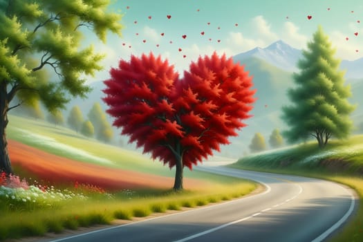 Red heart-shaped tree by the road. Valentine background. Love. Valentine's Day greeting card .