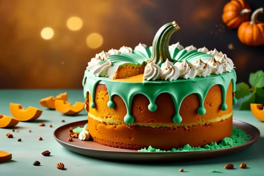 Pumpkin cake with cream, in the shape of a pumpkin .