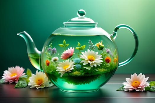 flower tea in a glass teapot on a green background .