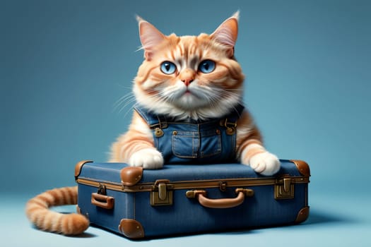 cat with a suitcase, isolated on a blue background, art .
