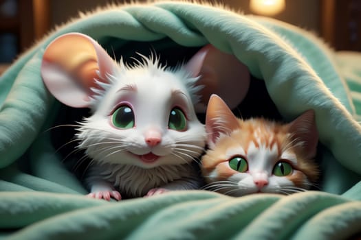cute cartoon happy white mouse and cat sleeping under the blanket .