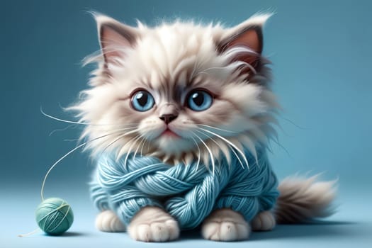 cute kitten in a knitted sweater and with a ball of knitting thread .