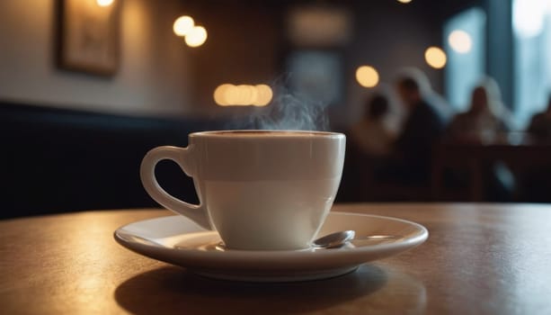 Cafe hot cup of coffee on a saucer on a dark background, casting a thin shadow. Bokeh in the background