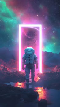 An astronaut is standing in front of a pink door, with an aura of electric blue and purple hues. It resembles a geological phenomenon in space, like an artistic aurora event