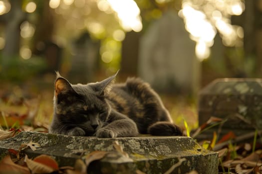 Cat in cemetery, In remembrance of a pet, A cat lies next to a grave in a cemetery.