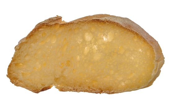Cut piece of white wheat flour bread on a white isolated background