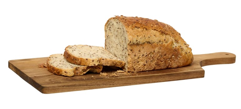 Sliced ​​white wheat flour bread with flax seeds on a wooden board, isolated background