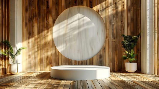 Natural wood grain panels combined with a white cylindrical podium, suitable for displaying products. AI generated.