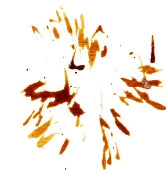 Spilled black coffee, splashes on a white background, close up