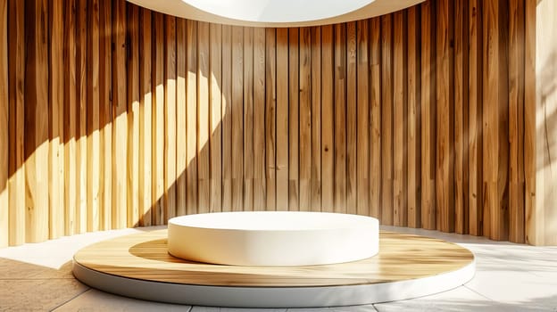 Natural wood grain panels combined with a white cylindrical podium, suitable for displaying products. AI generated.