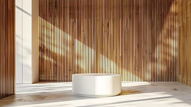 Natural wood grain panels combined with a white cylindrical podium, suitable for displaying products. AI generated.