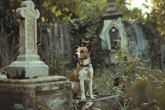 A dog in cemetery, A dog sitting next to a grave in a cemetery, In remembrance of a pet.