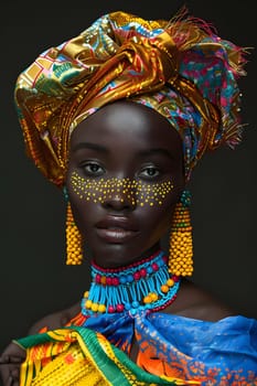 A woman with a turban and necklace poses in front of a black background. Her intricate fashion design is highlighted in this closeup shot, showcasing her unique tribes cultural style