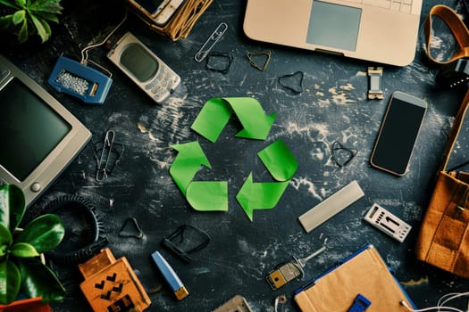 Electronic waste, Eco concept with recycling symbol on Pile of electronic circuit boards.