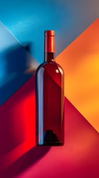 A glass bottle of wine rests on a vibrant surface, showcasing a spectrum of tints and shades. The liquid inside is a delicious alcoholic beverage waiting to be enjoyed