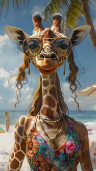 A giraffe from the Giraffidae family wearing sunglasses and a bikini, stands on a beach with the water glistening under the sunny sky, creating a unique and humorous landscape for a photograph