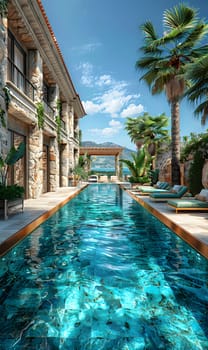 A beautiful swimming pool is flanked by lush palm trees and a building under a clear azure sky, creating a perfect oasis for relaxation