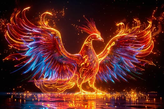 hologram of a transparent mythical phoenix glowing with ethereal radiance