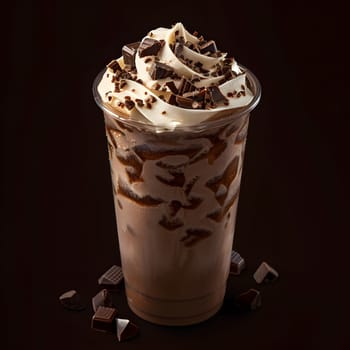 Indulge in a cup of frozen dessert a chocolate milkshake topped with whipped cream and chocolate shavings. Served in a drinkware, perfect for a fast food treat