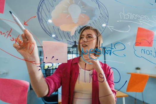 Closeup of attractive smart caucasian businesswoman brainstorms and planing marketing idea by using mind map and colorful sticker on glass board. Creative start up business concept. Immaculate.