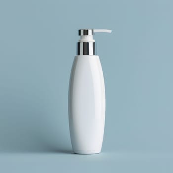 A white plastic bottle with a silver pump, containing liquid, against a blue background. The sleek cylinder design makes it suitable for serveware at events or as drinkware on tables