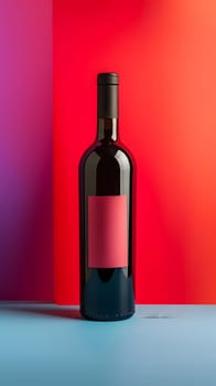 A red wine bottle with a vibrant pink label stands out against a colorful background. The glass bottle is sealed with a cork stopper, promising a delicious drink inside