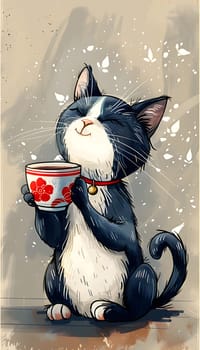 A Felidae, small to mediumsized cat with black and white fur is delicately holding a cup of tea in its whiskered snout. It looks like a painting