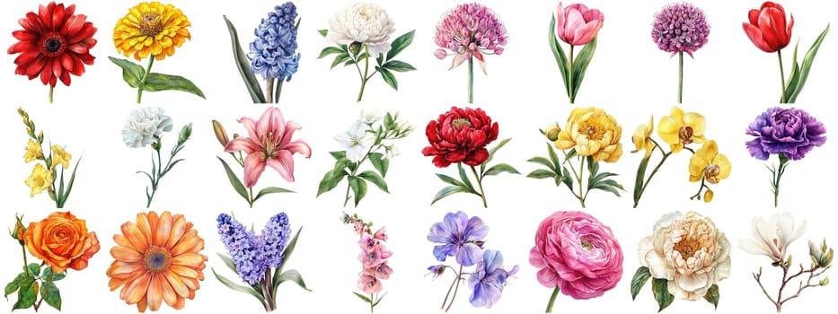 Watercolor flower set isolated background. Various floral collection of nature blooming flower clip art illustration element for retro flora wedding or romantic valentine card. crisp edges cut out.