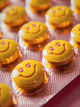 A fun blister pack of yellow smiley face pills, each pill featuring a different facial expression. Perfect for adding some sweetness to your day