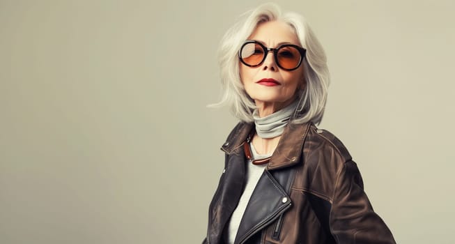 Fashion portrait of stylish senior woman with gray hair in glasses and leather jacket posing on gray studio background