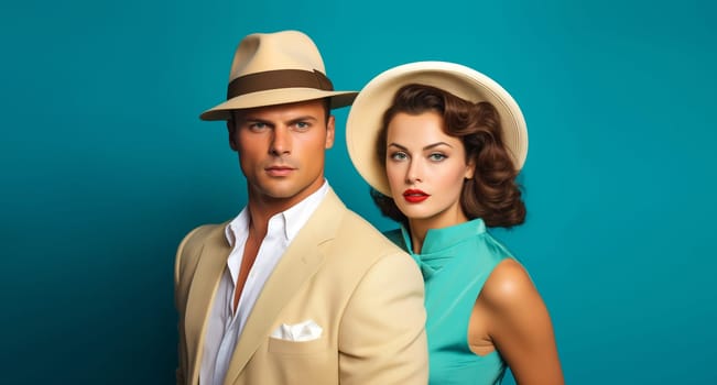 Portrait of beautiful elegant stylish woman and man in retro style, American couple together posing on turquoise background