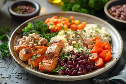 A dish of salmon, beans, broccoli, and rice beautifully presented on a table. The combination of natural foods and fines herbes creates a delicious and nutritious cuisine
