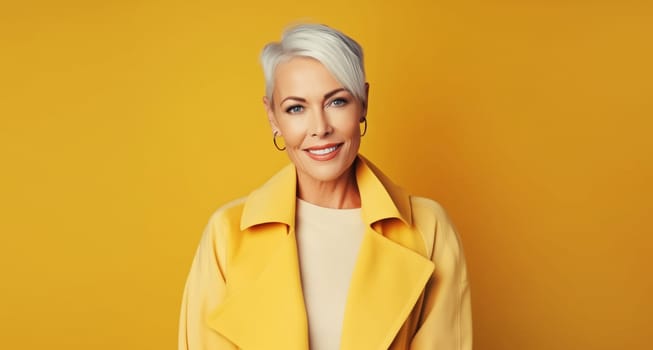 Fashion portrait of stylish happy smiling mature woman with gray hair in bright colorful clothes posing on yellow studio background