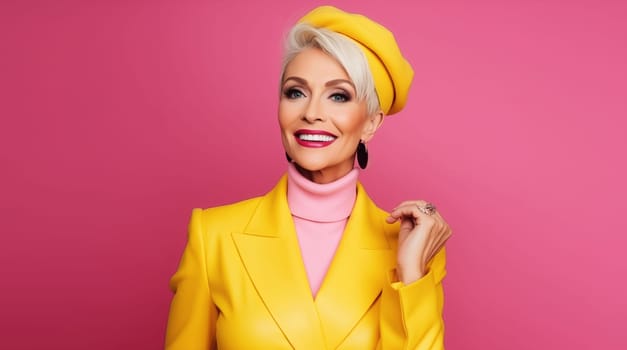 Fashion portrait of beautiful stylish elegant happy mature woman with gray hair wearing yellow suit, hat posing on pink color studio background