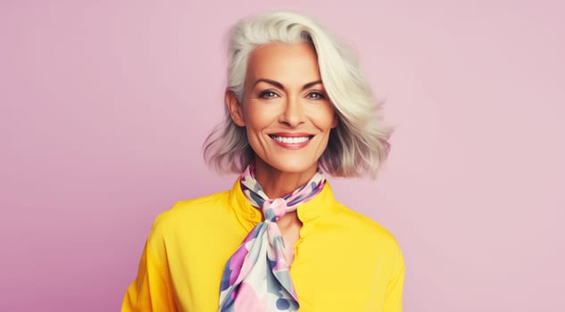 Fashion portrait of stylish happy smiling mature woman with gray hair in bright colorful clothes posing on pink studio background
