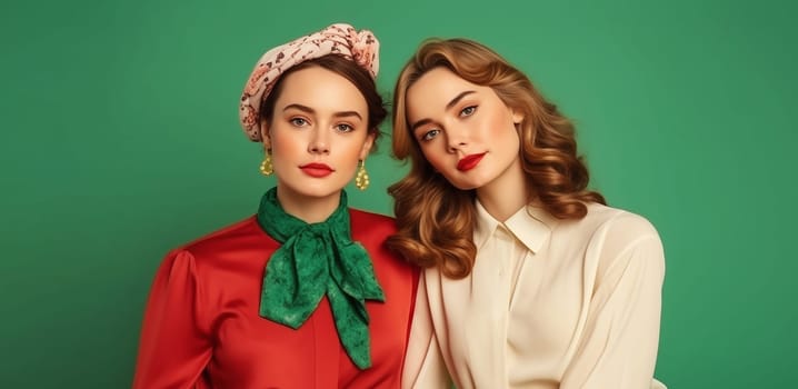 Portrait of two beautiful elegant stylish women ladies in retro style posing on color background