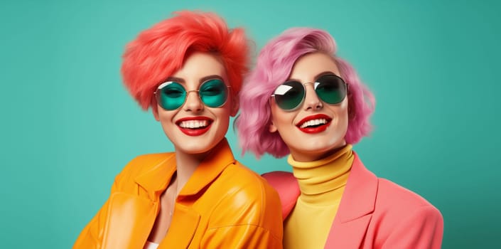 Fashionable portrait of stylish beautiful happy two cool women with bright hairstyles, dyed hair in colorful clothes, sunglasses on color studio background
