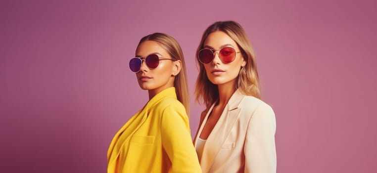 Fashionable portrait of stylish beautiful young two women models in colorful clothes, sunglasses posing on pink studio background
