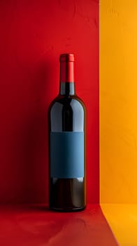A red wine bottle with a blue label stands out against a vibrant red and yellow background. The glass bottle stopper keeps the alcoholic beverage fresh