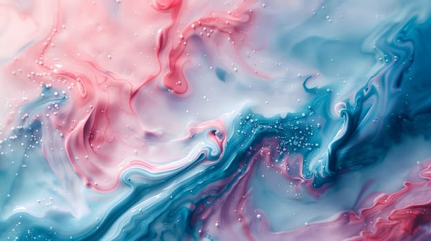 A closeup of a liquid pink and electric blue marble texture resembling wind waves and water patterns in a magenta and aqua art design