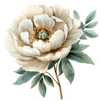 A white flower with green leaves on a white background, resembling a member of the Rose family. It could be an artificial flower, used in jewelry or as cut flowers, originating from a flowering plant