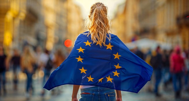 A woman with a European Union flag on her shoulders walks along the street of a European city
