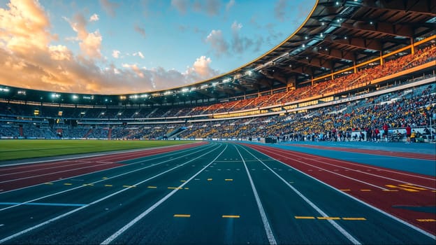 An empty sports stadium with a track and field, a wide-angle view of an outdoor running track in the center