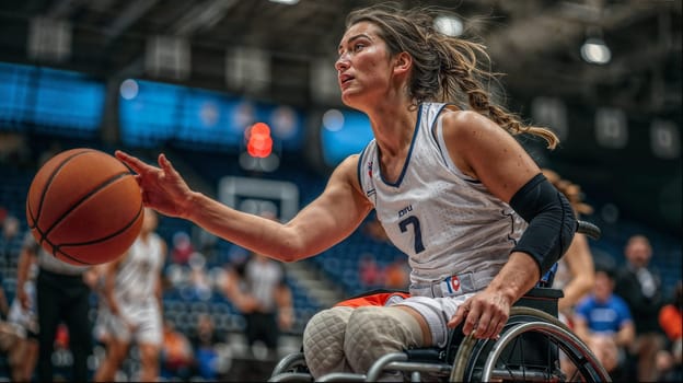 A wheelchair female athlete holding a basketball, showcasing determination and athleticism in sports