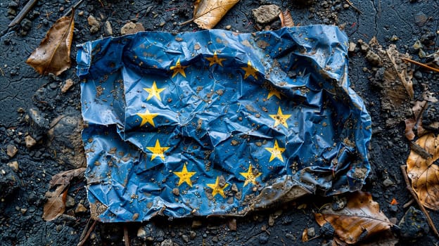 A crumpled piece of blue paper adorned with yellow stars, resembling the flag of the European Union