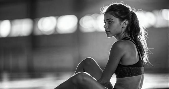 A black and white picture of a young female gymnast sitting on the ground in her training room before beginning her training session