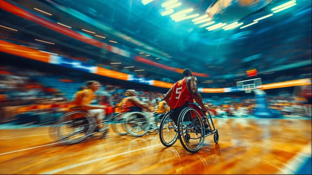 A group of wheelchair basketball players actively engaged in a game, competing on an indoor court