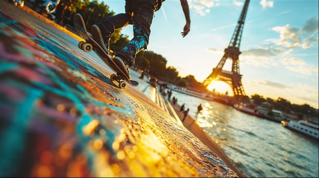 Skateboarder tricks by seine river with eiffel tower view